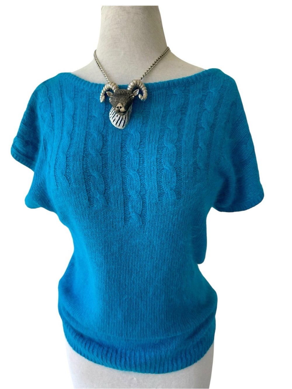 Vtg 80s Segue Blue Silk Angora Front To Back Sweater Sz S Cable Knit Trim
